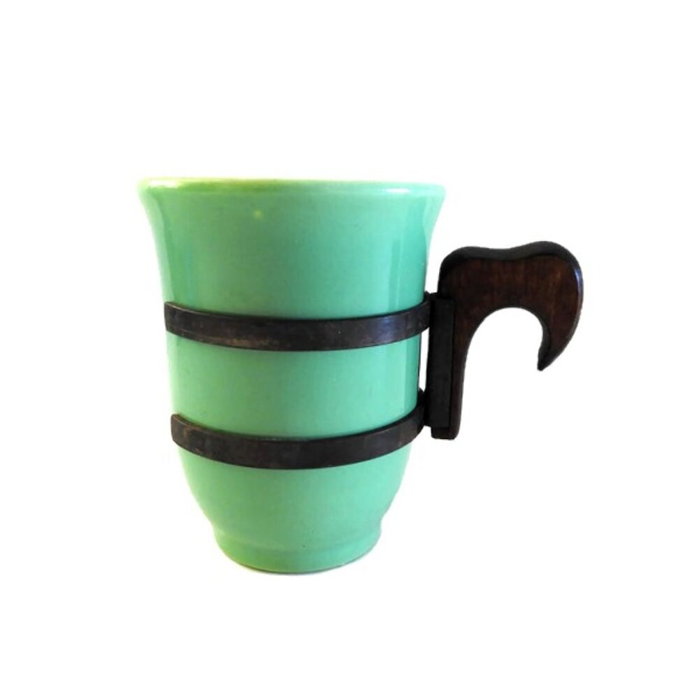 Aqua Green Artisan Ceramic Small Mug Cup Removable Iron Wood Handle MCM USA